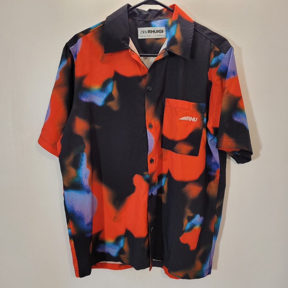 Zara Rhuigi Shirt Men's S Black Tie Dye Abstract Art Graffiti Short Sleeve